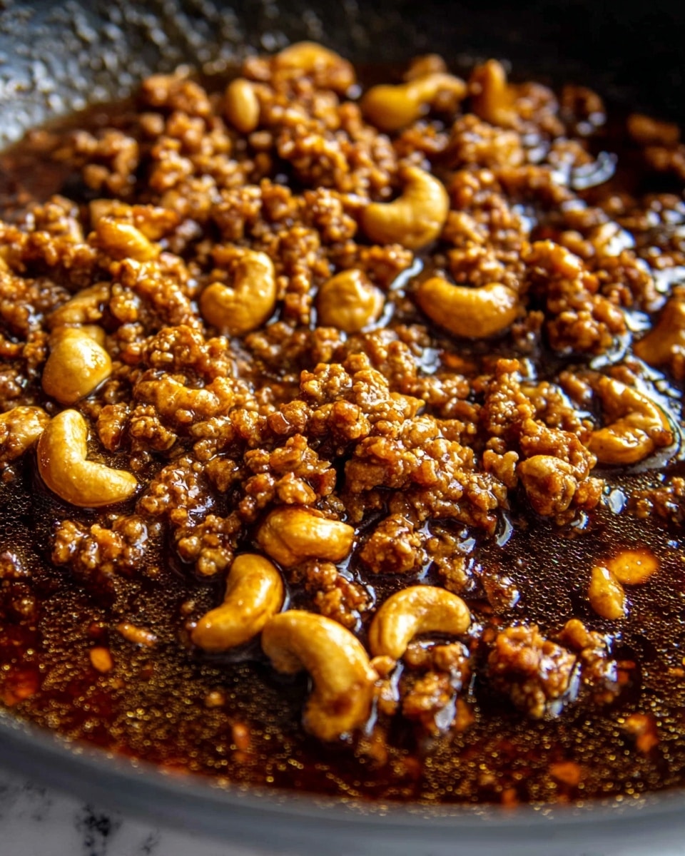 This close-up photo shows a rich mixture of golden brown cooked ground meat and whole cashew nuts in a thick, glossy dark brown sauce. The meat has a slightly crumbly texture with crispy edges, while the cashews add a smooth, curved shape shining from the sauce. The sauce has small bubbles and a rich sheen, covering all the ingredients evenly, inside a dark cooking pan. The background is a white marbled texture. photo taken with an iphone --ar 4:5 --v 7