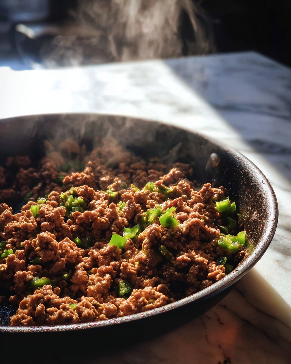 A black pan filled with cooked ground meat mixed with small pieces of green pepper. The meat is brown and crumbly with a slightly oily texture, and steam rises gently from the pan. The pan sits on a white marbled surface with sunlight casting warm highlights on the meat, creating a cozy and fresh cooking scene. photo taken with an iphone --ar 4:5 --v 7