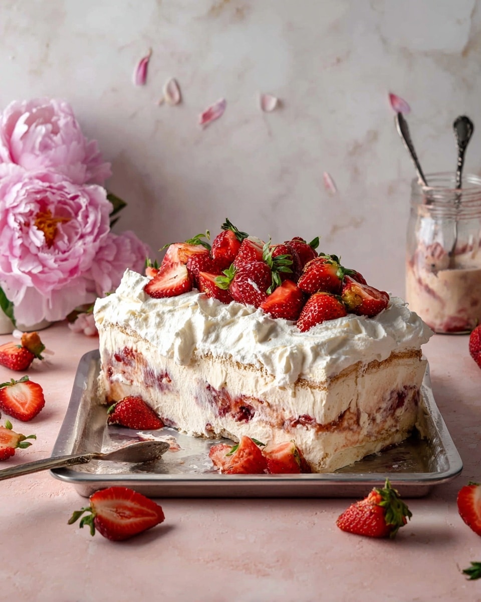 A dessert with three visible layers placed on a metal tray over a white marbled surface: the bottom layer is a thin brown crust, the middle layer is thick white cream, and the top middle layer has red strawberry filling with more white cream on top. The dessert is covered with a thick, soft white cream layer and topped with whole and halved fresh red strawberries, some with green leaves. There are three slices, with two pieces removed and placed nearby on white plates with floral designs. In the background, a soft pink flower petal is partially visible. Photo taken with an iphone --ar 4:5 --v 7