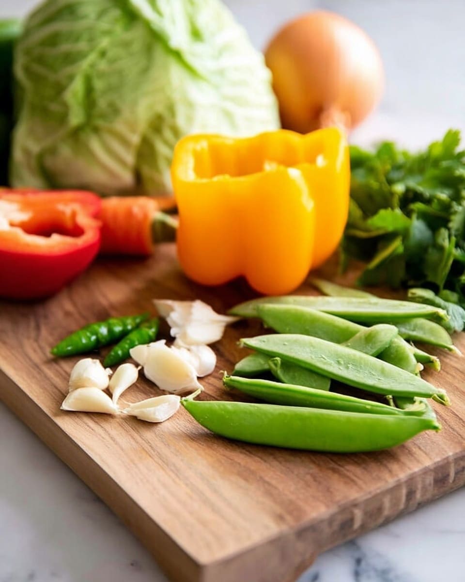 The image shows a wooden board with fresh vegetables arranged on it: a yellow bell pepper piece on the right, several light green snap peas in the center, and a few small green chili peppers below the snap peas. There are also garlic cloves near the center front, a red bell pepper piece near the back right, an onion next to it, and a carrot partly visible in the background. Green herb leaves and a green cabbage head appear slightly blurred in the background, all placed on a white marbled surface. photo taken with an iphone --ar 4:5 --v 7