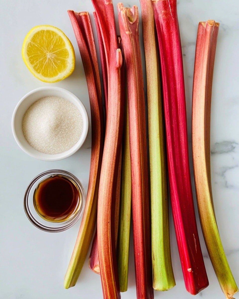 The image shows a group of long rhubarb stalks placed vertically side by side, with colors ranging from deep red to light green. To the left of the stalks, there is a small white bowl filled with white granulated sugar and a small glass bowl with a dark brown liquid, likely vanilla extract. Above these bowls, there is a half lemon with a bright yellow color, placed with the cut side facing up. All items rest on a white marbled surface. photo taken with an iphone --ar 4:5 --v 7