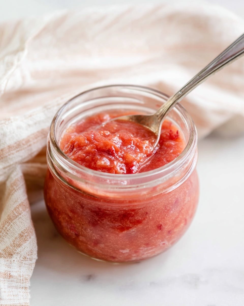 The image shows a clear glass jar filled with a chunky pinkish-red sauce, which looks thick and textured with small bits of fruit or vegetables inside. A silver spoon is dipped into the jar, scooping up some of the sauce, and the handle sticks out slightly over the jar’s edge. The jar sits on a soft white marbled surface with a beige and white striped cloth nearby, softly folded and slightly wrinkled. Photo taken with an iphone --ar 4:5 --v 7