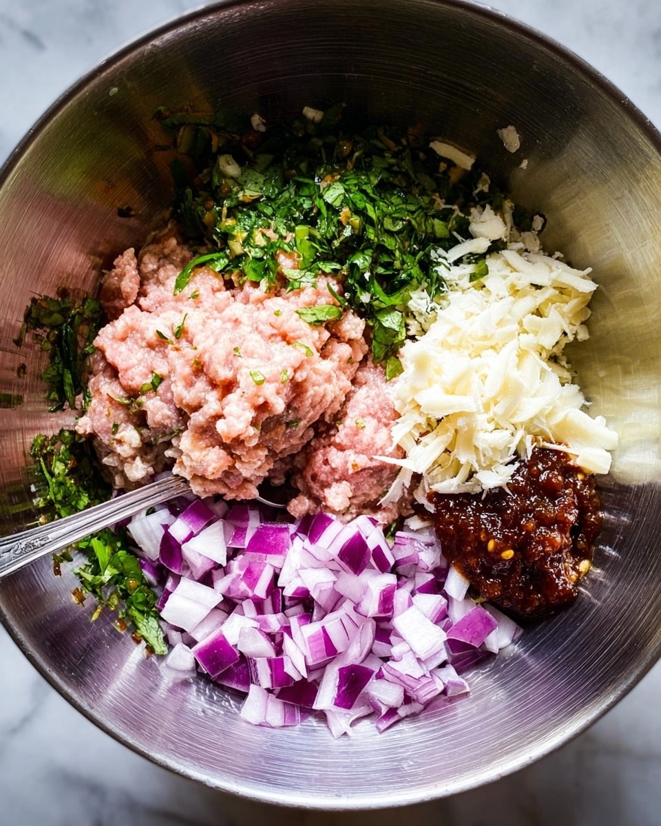 A shiny metal bowl contains five main layers of ingredients placed separately: light pink raw ground meat at the center, finely chopped green herbs on the top left, finely chopped white cheese on the top right, small cubes of purple onions on the bottom right, and a chunky dark brown sauce on the bottom left. A silver fork is partially resting on the purple onions and ground meat. The bowl is set on a white marbled surface photo taken with an iphone --ar 4:5 --v 7