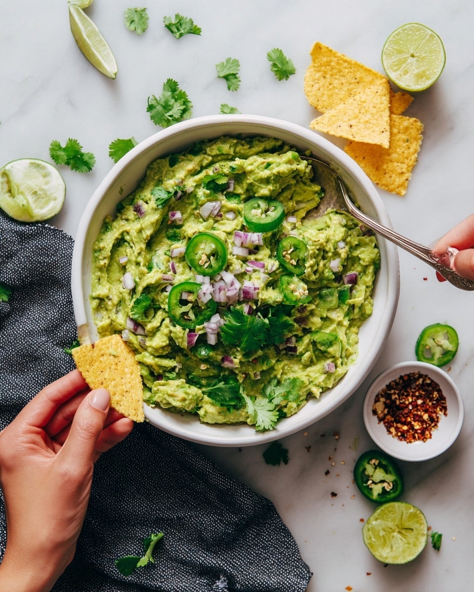 A white bowl filled with chunky green guacamole on a white marbled surface, mixed with finely chopped red onion and garnished with fresh cilantro leaves and slices of green jalapeño pepper. Around the bowl are three yellowish tortilla chips partially dipped in the guacamole, with a woman's hand holding one chip near the bowl. To the right, a small white dish has crushed red pepper flakes, and a halved lime and a halved green jalapeño pepper with seeds are nearby. A silver spoon is partially embedded in the guacamole. The setting includes scattered cilantro leaves and a textured dark gray cloth under the bowl. photo taken with an iphone --ar 4:5 --v 7