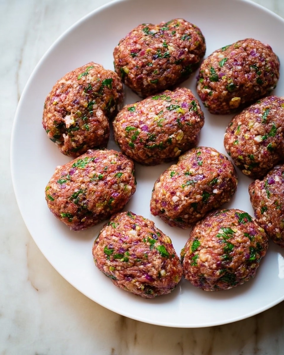 The image shows a white plate placed on a white marbled surface, filled with uncooked meat patties arranged in loose rows. Each patty is oval-shaped with a rough texture, showing a mix of finely chopped green herbs, small pieces of onion, and bits of other spices visibly mixed into the ground meat. The patties have a reddish-brown color with green and purple specks throughout, giving a fresh, textured look. The lighting is soft and natural, highlighting the colors and textures of the patties clearly. photo taken with an iphone --ar 4:5 --v 7