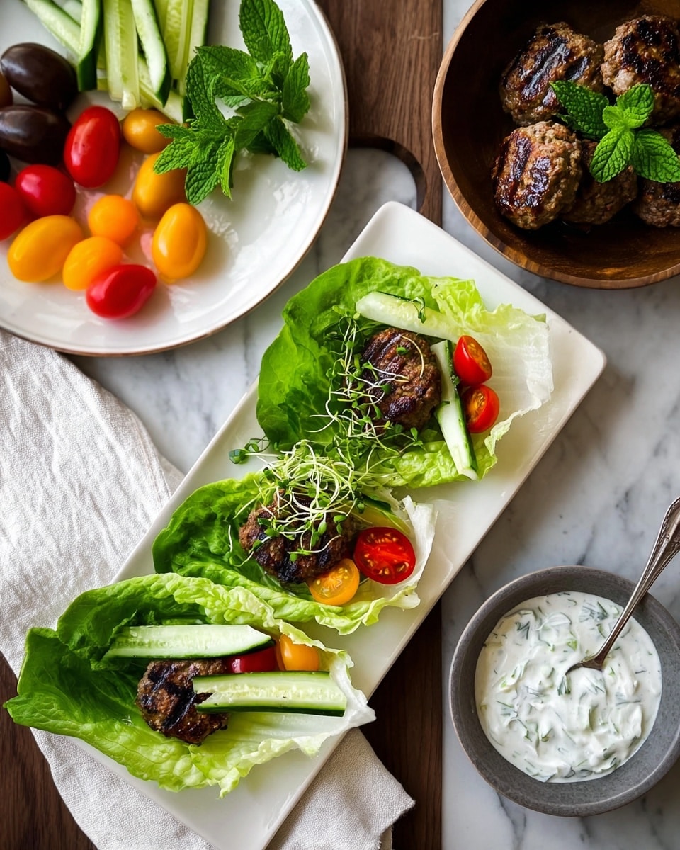 The dish shows a single dark brown falafel ball with a rough texture, sitting on a layer of white creamy sauce. This rests on a large, bright green butter lettuce leaf that acts as a wrap. Around the falafel, there are small red tomato wedges adding color contrast. On top of the falafel, there is a small pile of fresh green sprouts with thin white stems, giving a fresh look. The dish is placed on a simple white rectangular plate, set on a white marbled surface. photo taken with an iphone --ar 4:5 --v 7