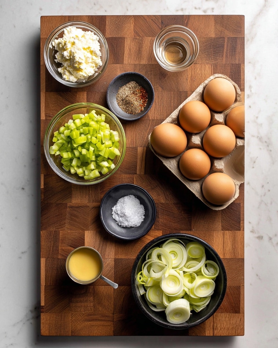 A wooden board with a carton of ten brown eggs placed on the bottom right corner; two small clear glass bowls hold diced green celery on the left and a white creamy substance at the bottom left; a black dish near the top center contains piles of white salt and light brown pepper; a small silver cup with yellow mustard is near the bottom right; another small silver cup with clear liquid is in the middle right; and a black bowl with thinly sliced green and white leeks is on the top right, all arranged neatly on a white marbled surface photo taken with an iphone --ar 4:5 --v 7