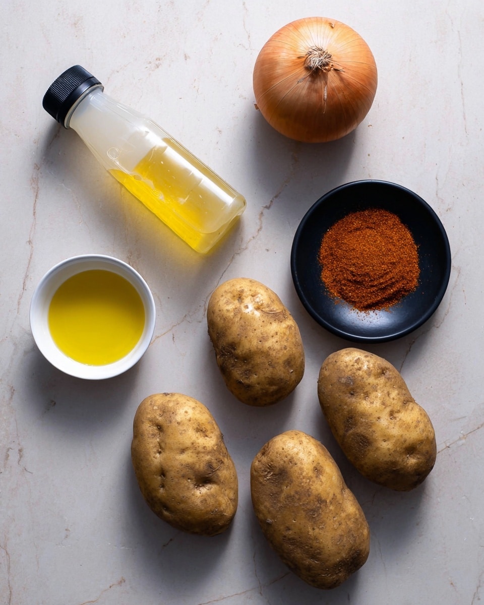 The image shows raw cooking ingredients placed on a white marbled surface. Five whole potatoes with rough brown skins are spread out near the bottom right. Above them sits a whole round onion with brown skin. To the top left of the onion is a plastic bottle with a mix of white and yellow liquid inside and a black cap. Next to the onion on the right is a small black bowl filled with a heap of reddish-brown powder spice. Near the bottom left corner, there is a white bowl containing bright yellow oil. The scene is bright and evenly lit, with soft shadows and a clean layout. Photo taken with an iphone --ar 4:5 --v 7