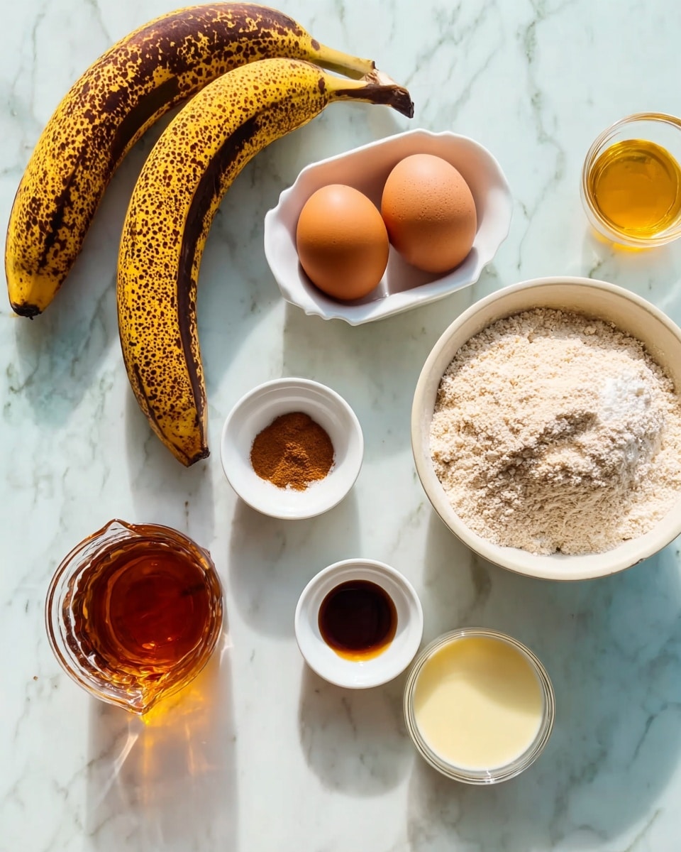 The image shows various baking ingredients arranged on a white marbled surface. There are three dark brown spotted bananas on the left, next to a white dish holding two brown eggs. Near the top right, there is a white bowl filled with a light brown flour mixture and two small white bowls containing cinnamon with salt and a dark brown liquid, possibly vanilla extract. A small clear glass jug filled with amber liquid and a small glass with a creamy light yellow liquid are also present. The layout is clean and bright with soft natural light highlighting the textures. Photo taken with an iphone --ar 4:5 --v 7