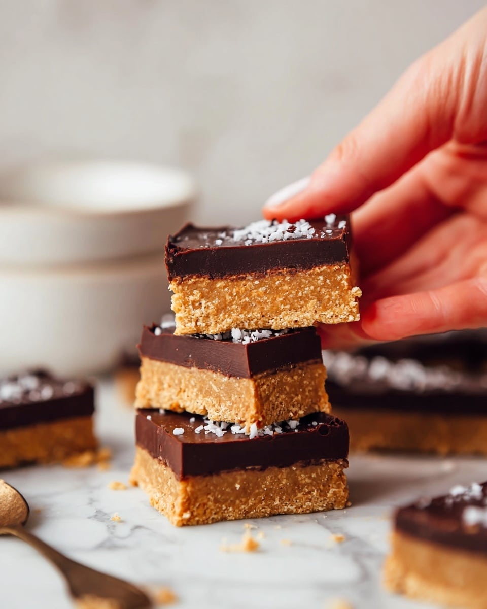 A close-up of a small square dessert bar held between a woman's hand's thumb and fingers, showing two thick layers: a bottom layer with a crumbly golden brown texture and a smooth dark chocolate top layer sprinkled with white flakes, with more bars stacked and scattered on a white marbled surface in the background, along with a blurred white bowl and a small spoon. photo taken with an iphone --ar 4:5 --v 7