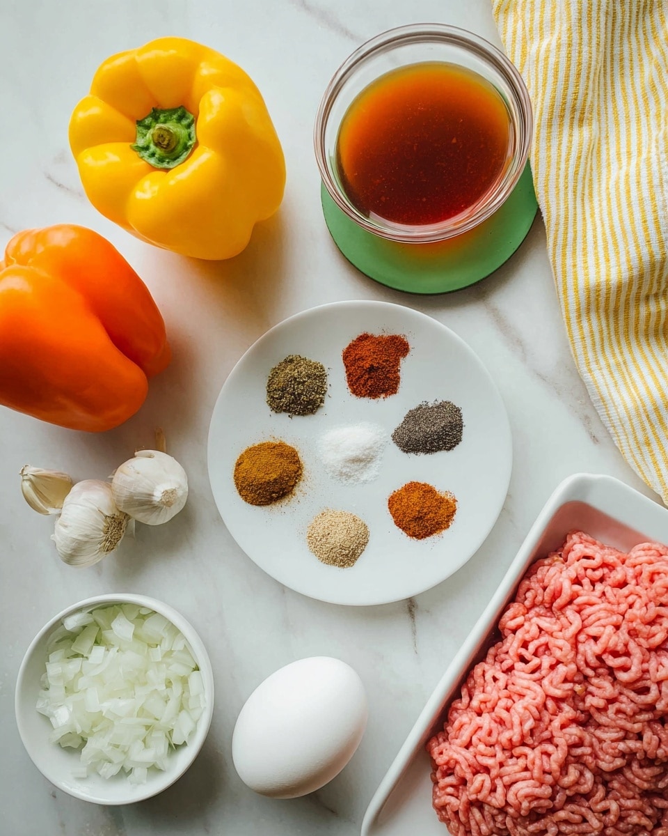 The image shows cooking ingredients arranged on a white marbled surface. There are three whole bell peppers in yellow, orange, and red colors placed near the top left. To the right, a white plate holds seven different spices in small piles with colors ranging from green, white, black, brown, to rusty red. Below the plate, two cloves of garlic and a white egg are placed. On the bottom left, there is a small white bowl filled with chopped white onions. On the right side of the image, a white tray holds raw ground meat with pink texture. At the top right, a small glass container holds a reddish liquid, sitting on a green coaster. A yellow-striped white cloth is also visible in the upper right corner. photo taken with an iphone --ar 4:5 --v 7