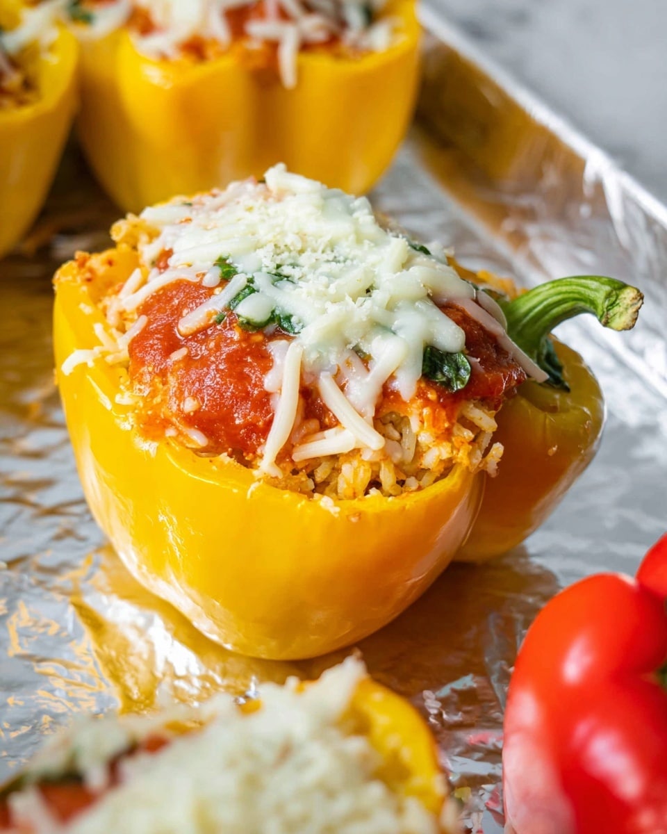 A close-up of a yellow bell pepper half filled with three visible layers: the bottom layer is a cooked mix of small orange and brown bits, the middle layer is a chunky red tomato sauce with visible herbs, and the top layer is white shredded melted cheese loosely spread. The pepper has a green stem at the back, and it sits on a crinkled foil-lined baking tray, with parts of another yellow pepper and a red bell pepper blurred around the edges, all against a white marbled texture background. photo taken with an iphone --ar 4:5 --v 7