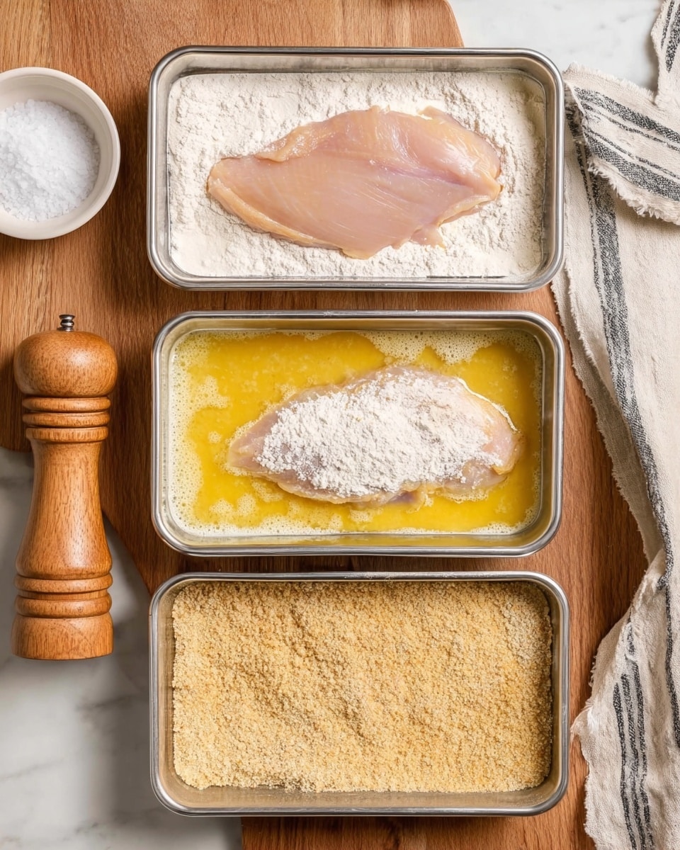 The image shows three rectangular stainless steel trays stacked vertically on a wooden surface. The top tray contains a raw light pink chicken piece lying flat on a white powdery flour layer. The middle tray holds a chicken piece covered in flour, soaking in a yellow beaten egg mixture with bubbles on the surface. The bottom tray has a chicken piece coated in a coarse, light tan breadcrumb mixture. A white bowl with salt is visible on the left, along with a wooden pepper grinder and a striped kitchen towel. The background is a white marbled texture photo taken with an iphone --ar 4:5 --v 7