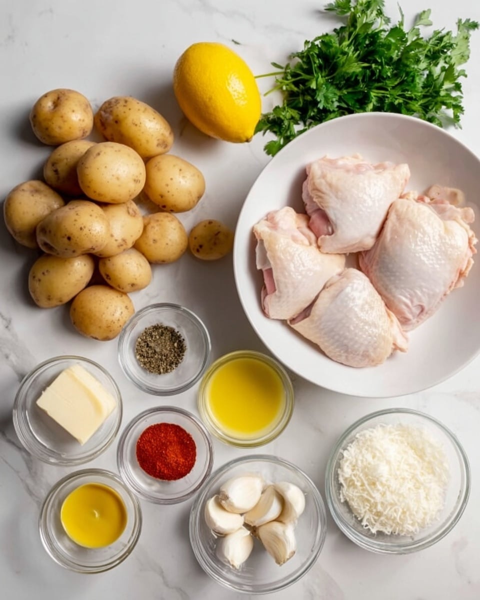 The image shows several cooking ingredients arranged neatly on a white marbled surface. On the left side, there are a bunch of potatoes, a lemon, and some fresh green parsley. Toward the top right, a white bowl holds four pieces of raw chicken with skin, pale pink in color. Around the bowl are small glass bowls filled with different spices: a red spice, dried herbs, salt, pepper, and several peeled garlic cloves. There are also small bowls with mayonnaise, yellow mustard, melted butter, and a mound of grated white cheese near the lemon. The setup is clean and organized, with the focus on fresh ingredients and seasonings. Photo taken with an iphone --ar 4:5 --v 7
