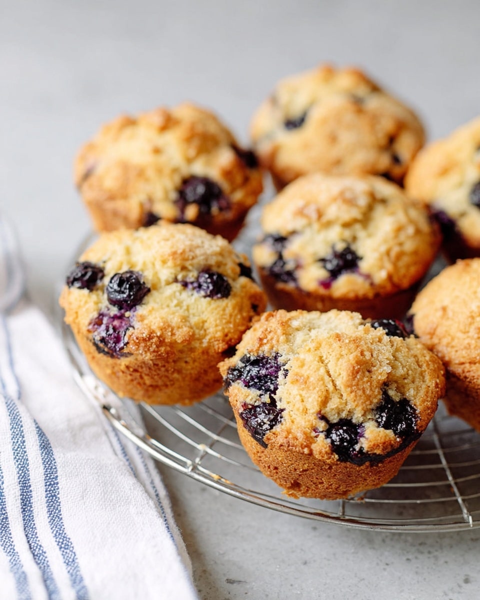 A group of golden brown muffins dotted with dark purple blueberries sits on a silver wire cooling rack. Each muffin has a rough textured top with slightly cracked surfaces showing juicy blueberry pieces inside. The muffins have a soft crumb with some darker baked edges, and they are arranged in a close cluster on the rack. The rack is placed on a white marbled surface with a soft gray gradient background. A white and blue striped cloth is partly visible at the bottom left corner. photo taken with an iphone --ar 4:5 --v 7