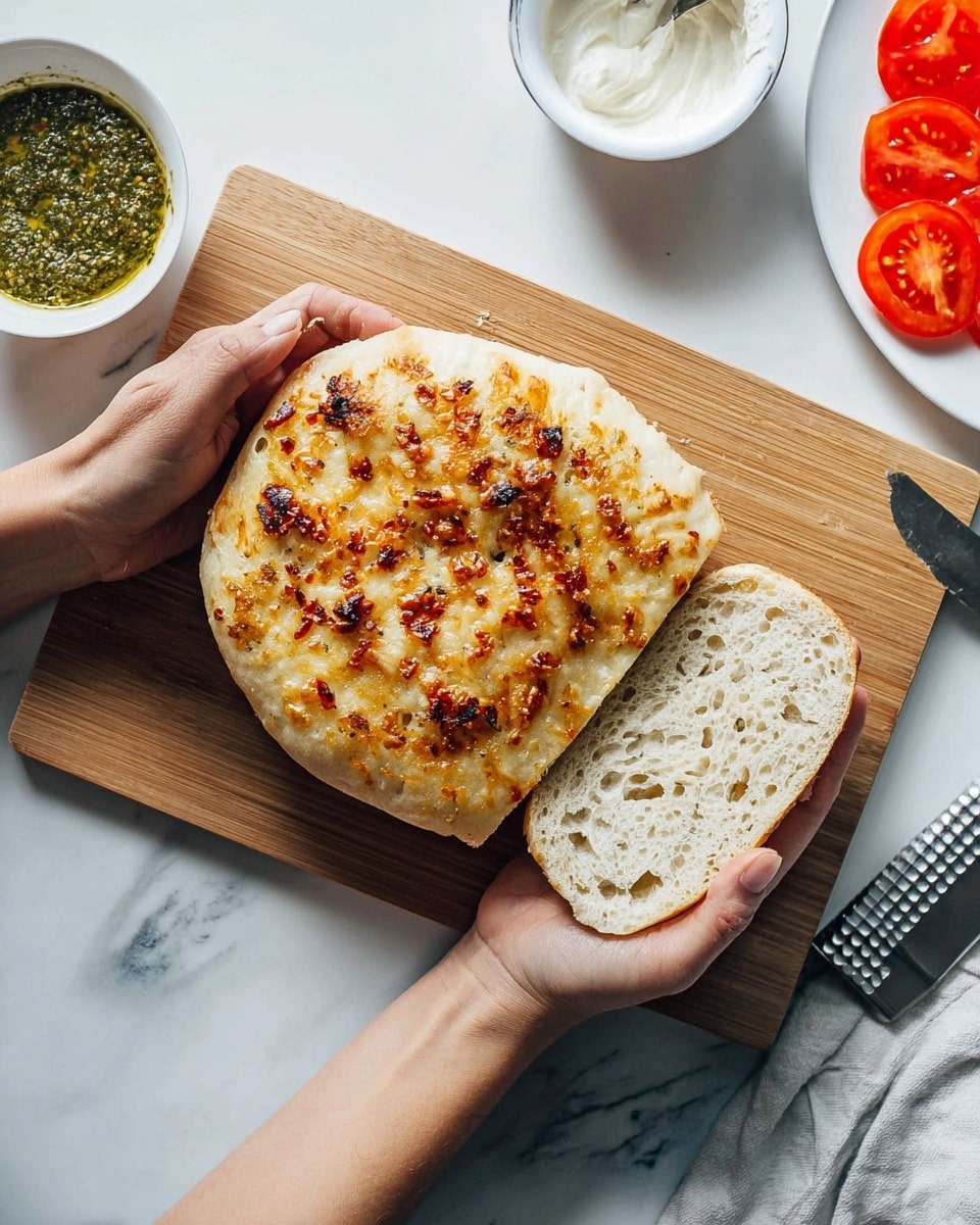 A woman's hands are holding a flat, round piece of bread with a golden, slightly crispy top sprinkled with small bits of browned cheese and some red spice. Underneath is the other half of the bread, showing its soft, airy, light beige inside. The bread is resting on a wooden cutting board placed on a white marbled surface. To the top right, there are slices of bright red tomatoes, and next to them is a small white bowl with green pesto and white cream. A silver knife with a textured handle lies on the white marbled surface on the right side of the cutting board. Photo taken with an iphone --ar 4:5 --v 7
