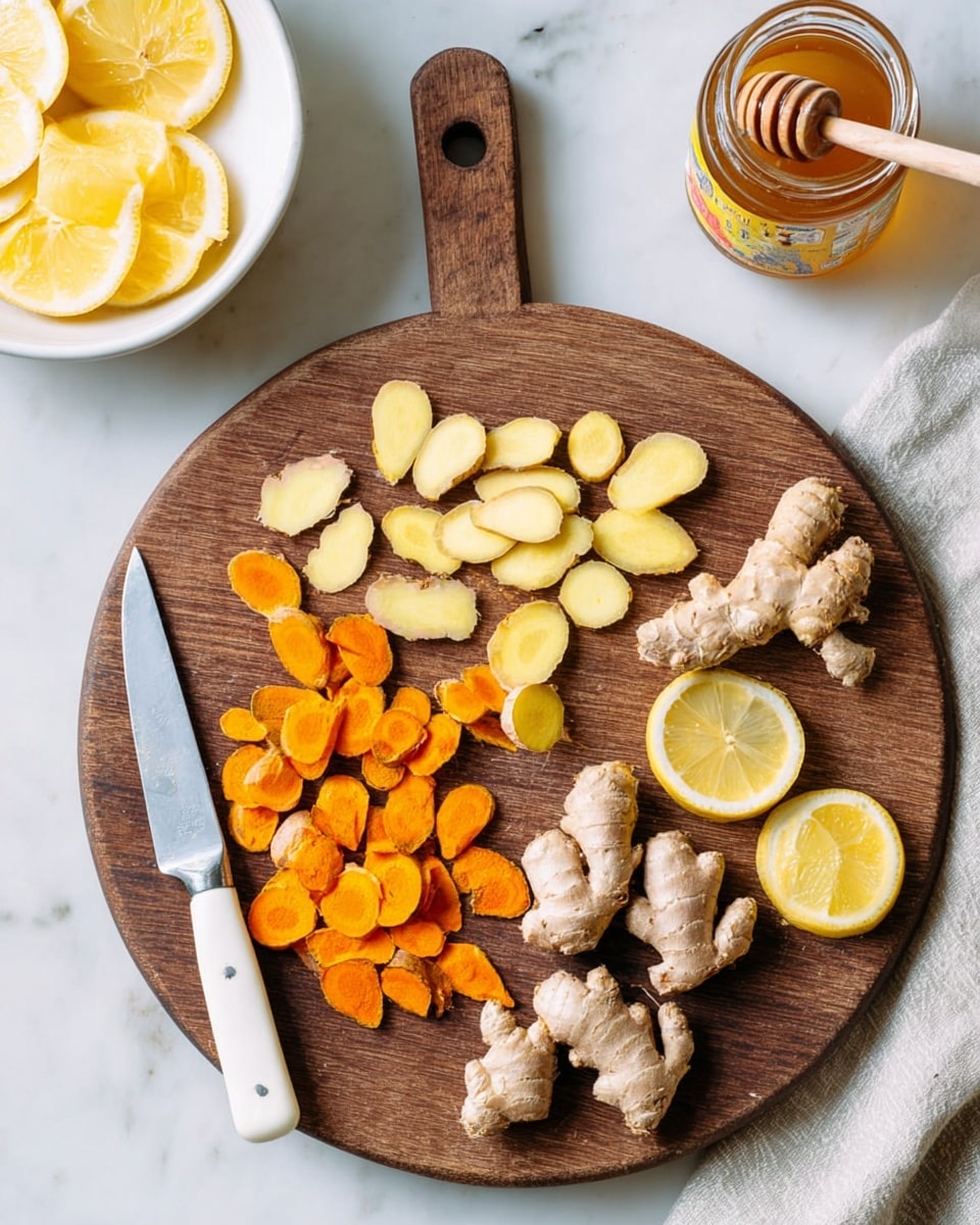 The image shows a round wooden cutting board with a handle, placed on a white marbled surface. On the board, from left to right, there are roughly sliced pale yellow ginger pieces, bright orange turmeric slices arranged below some turmeric roots, and pale ginger roots on the right side. At the bottom right of the board, there are two lemon slices. To the left of the board, a knife with a white handle rests partially on the board. In the top left corner of the image, a white bowl with lemon slices is partially visible, and in the bottom left corner, a jar of honey with a honey dipper can be seen. photo taken with an iphone --ar 4:5 --v 7