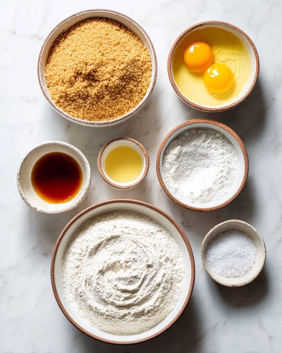 There are six white bowls with a brown rim, each containing different baking ingredients, all placed on a white marbled surface. The largest bowl at the bottom right contains white flour with a small swirl in the center. Above it to the top right is a bowl with two raw yellow egg yolks and some clear egg whites. At the top center is a bowl filled with light brown breadcrumbs, slightly swirled on top. Below the breadcrumbs on the left is a bowl of melted yellow butter. To its top left is a small bowl filled with a reddish-brown liquid, likely vanilla extract, and next to it on the right is a tiny bowl containing white salt. photo taken with an iphone --ar 4:5 --v 7
