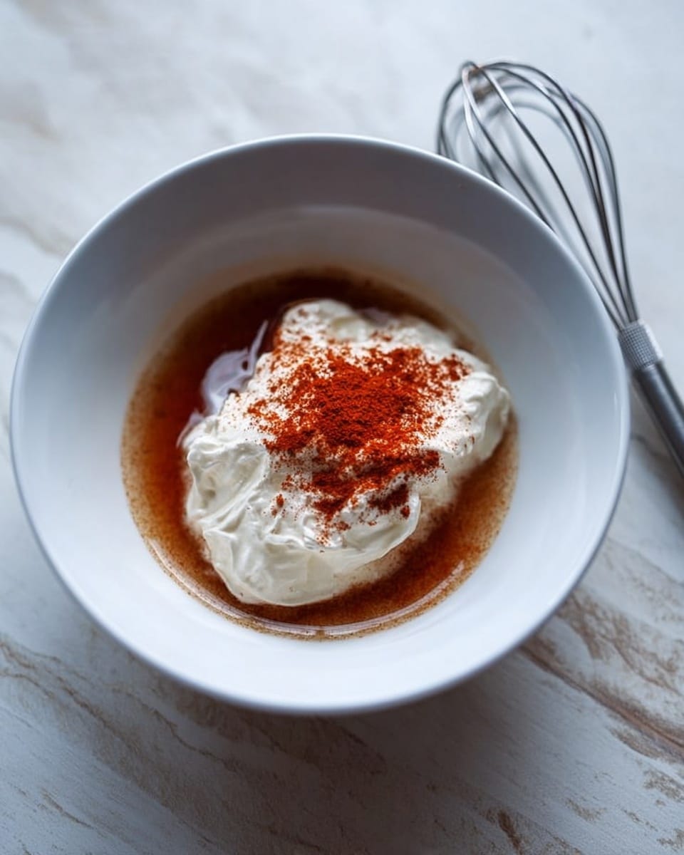 A white bowl sits on a white marbled texture, holding three visible layers: a thin layer of brown liquid at the base, a generous dollop of white creamy cottage cheese in the center, and a light dusting of red paprika powder sprinkled on top of the cottage cheese. A small metal whisk rests nearby on the surface. Photo taken with an iphone --ar 4:5 --v 7