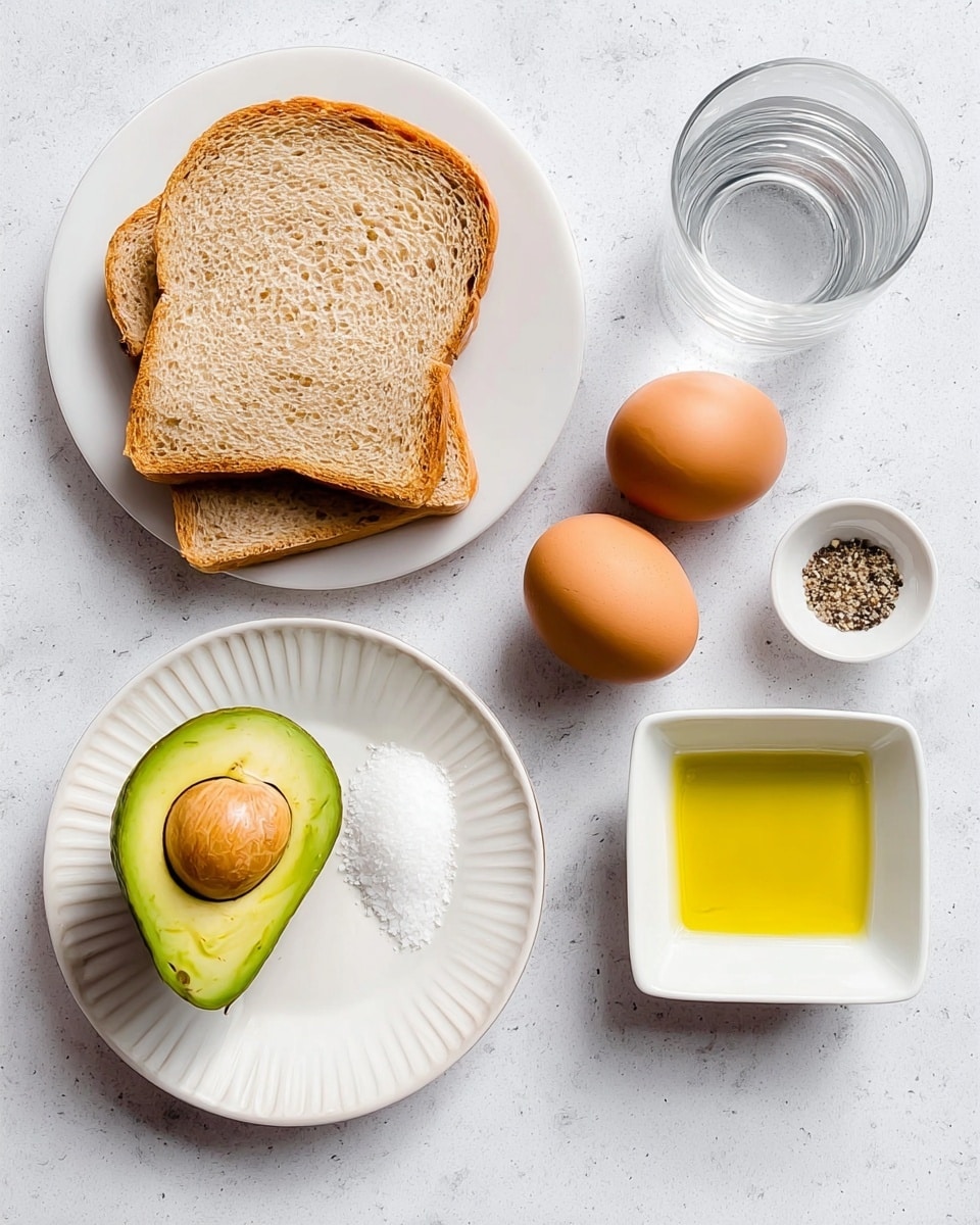 The image shows simple ingredients arranged neatly on a white marbled surface, including two slices of light brown bread stacked side by side, two brown eggs placed near the center, a half avocado with its seed removed sitting on a white plate with ridged edges, a small white square dish holding olive oil with a bright yellow color, another small white square dish containing salt and black pepper, and a clear glass cup with water. The setup is clean, bright, and organized with a soft light highlighting the natural colors and textures of each item. photo taken with an iphone --ar 4:5 --v 7