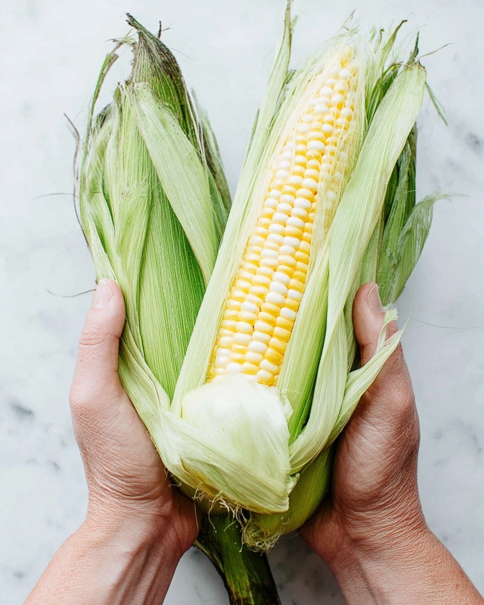 Two woman's hands hold a fresh ear of corn with green husks partially peeled back to show the yellow and white kernels inside. The corn layers start with the outer dark green leaves, then lighter green inner leaves, and finally the shiny, smooth yellow and white kernels in the center. The background is a white marbled texture. photo taken with an iphone --ar 4:5 --v 7