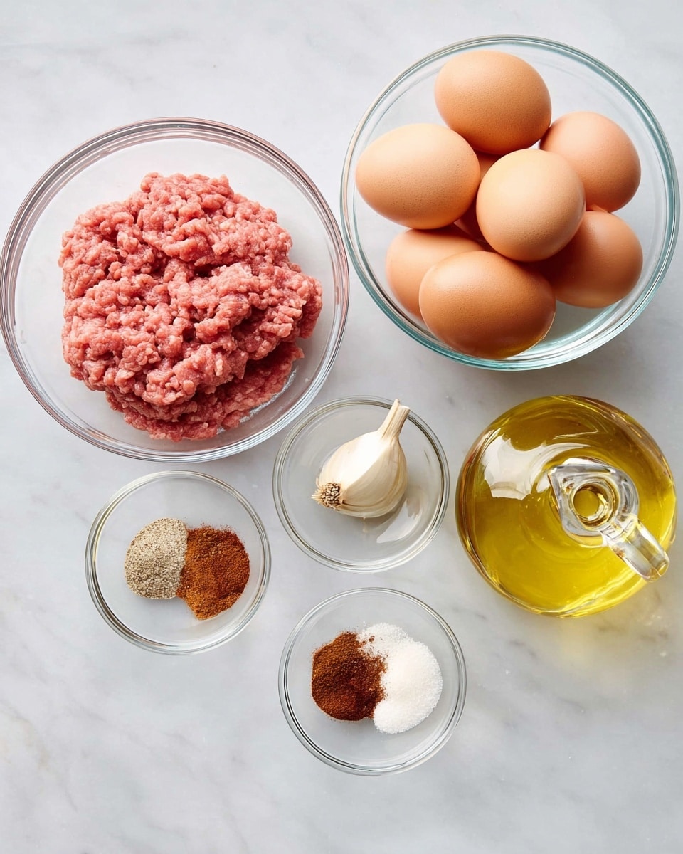 The image shows several clear glass bowls placed on a white marbled surface. The largest bowl to the right holds eight light brown eggs arranged in a loosely packed group. A medium-sized bowl on the left contains a mound of raw pink ground meat with a soft texture. Below it, a smaller bowl holds five different spices in small piles: reddish-brown, light brown, white salt, black pepper, and another shade of brown spice. Between these bowls is a single peeled garlic clove and a small clear glass bottle filled with golden yellow oil, featuring a glass stopper on top. Photo taken with an iphone --ar 4:5 --v 7
