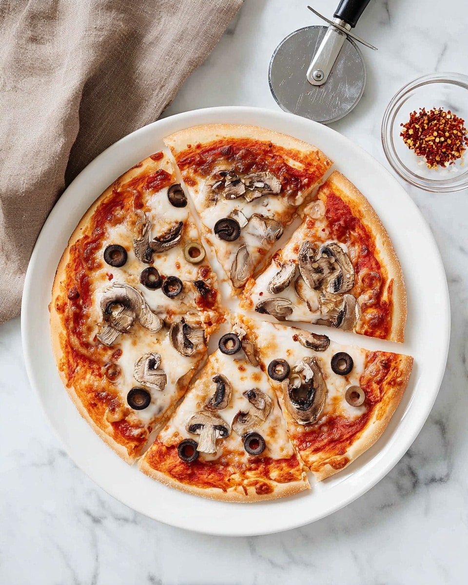 A thin crust pizza with a golden-brown edge is placed on a white plate. The pizza is cut into four pieces and topped with a layer of bright red tomato sauce, melted white cheese that covers the pizza evenly, sliced brown mushrooms, and black olive rings scattered across its surface. Near the plate, there is a silver pizza cutter with a black handle on a white marbled surface, and a small clear bowl with red chili flakes can be seen in the top right corner. To the left of the plate, a soft, light brown cloth is spread out. Photo taken with an iphone --ar 4:5 --v 7