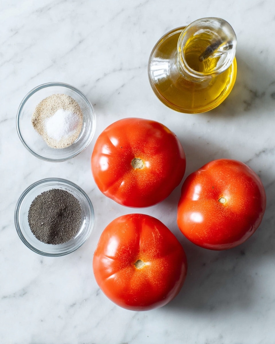 The image shows four red tomatoes arranged in a square pattern on a white marbled surface. To the left of the tomatoes, there is a small glass bowl containing two different powders, one white and one black, likely seasonings. Above the bowl is a clear glass bottle with yellow oil inside, featuring a pointed metal spout for pouring. Everything is set on a clean white marbled background. photo taken with an iphone --ar 4:5 --v 7