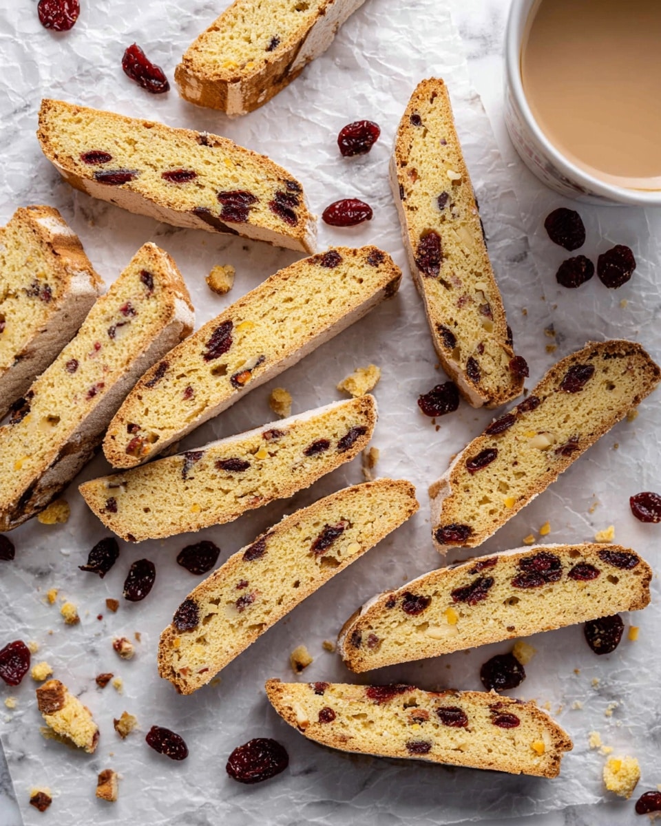 The image shows several long, golden-brown biscotti slices with a rough, crunchy texture. Each biscotti piece has many dark red dried fruit pieces, likely cranberries, scattered inside. The biscotti are arranged randomly on white parchment paper with some crumbs and loose dried fruit around them. A white cup of coffee with a creamy surface sits at the top left corner. The whole scene is set on a white marbled textured surface. photo taken with an iphone --ar 4:5 --v 7