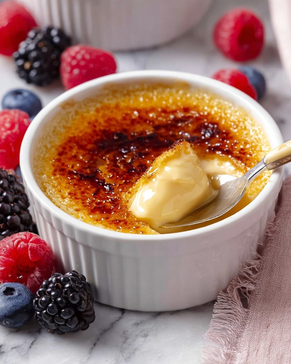 A small white ceramic ramekin holds a two-layer dessert, with the top layer being a smooth, shiny, golden-brown caramelized sugar crust that is cracked open to reveal a creamy, pale yellow custard beneath. A silver spoon with a light beige handle is scooping into the custard, showing the contrast between the crunchy caramel top and the soft, velvety layer below. The ramekin sits on a white marbled surface, surrounded by fresh berries like red raspberries, blackberries, and blueberries. A soft, light pink cloth with a frayed edge is partially visible near the bottom right corner. Photo taken with an iphone --ar 4:5 --v 7