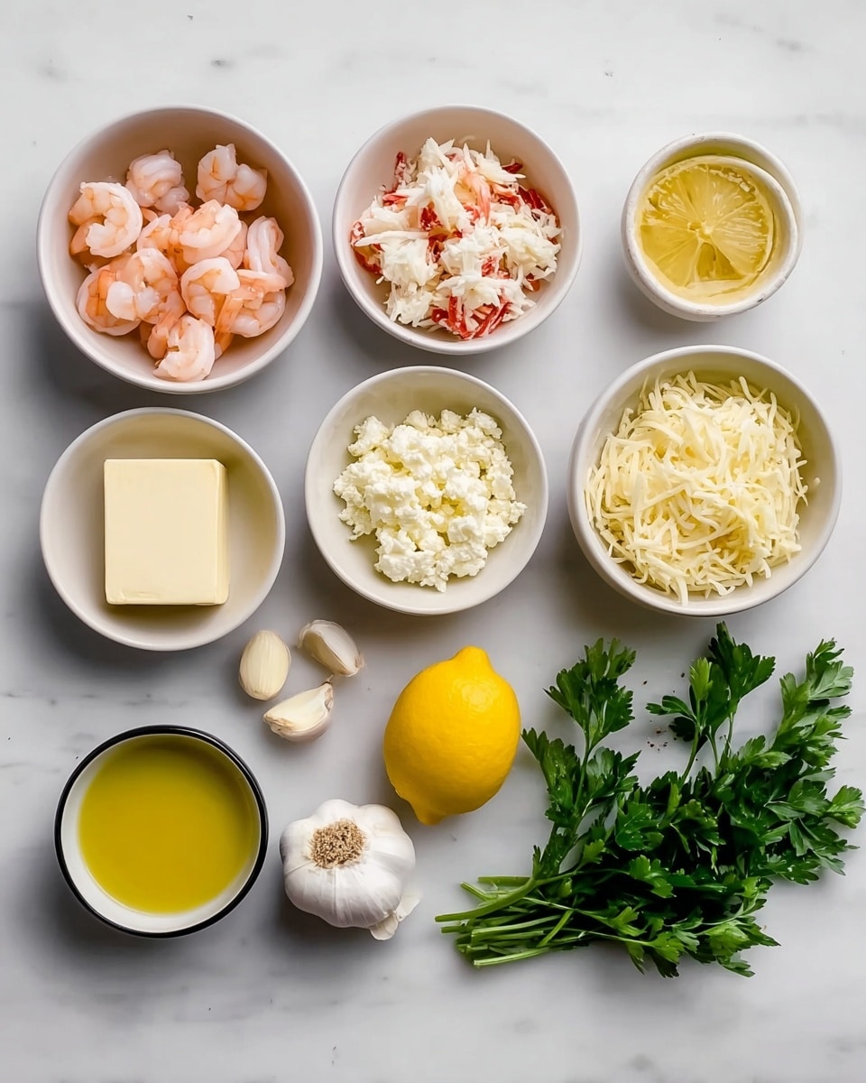 The image shows nine small white bowls and ingredients arranged on a white marbled surface. Starting from the top left, there is a bowl of small pink shrimp, next to it a bowl of shredded crab meat with some red bits, followed by a bowl of white crumbled cheese, and finally a bowl of shredded pale yellow cheese. Below, from left to right, there is a bowl with a square of cream cheese, a whole white garlic bulb with some peeled cloves beside it, a bowl of yellow olive oil, a garlic bulb partially peeled showing the cloves, and a bunch of fresh green parsley. In the middle near the top is a halved lemon showing its bright yellow inside. photo taken with an iphone --ar 4:5 --v 7