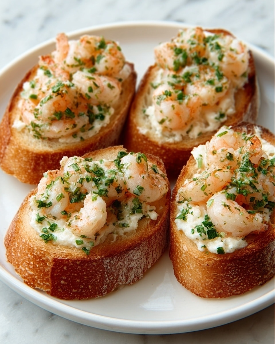 The image shows four pieces of toasted bread arranged closely on a white plate, each topped with a creamy white mixture that includes small cooked shrimp and sprinkled green herbs. The bread has a golden brown crust with a soft inside, and the shrimp are a pale pink with a slightly browned surface. The green herbs add a fresh splash of color on top of the creamy layer. The plate is placed on a white marbled surface, creating a clean and bright setting. photo taken with an iphone --ar 4:5 --v 7
