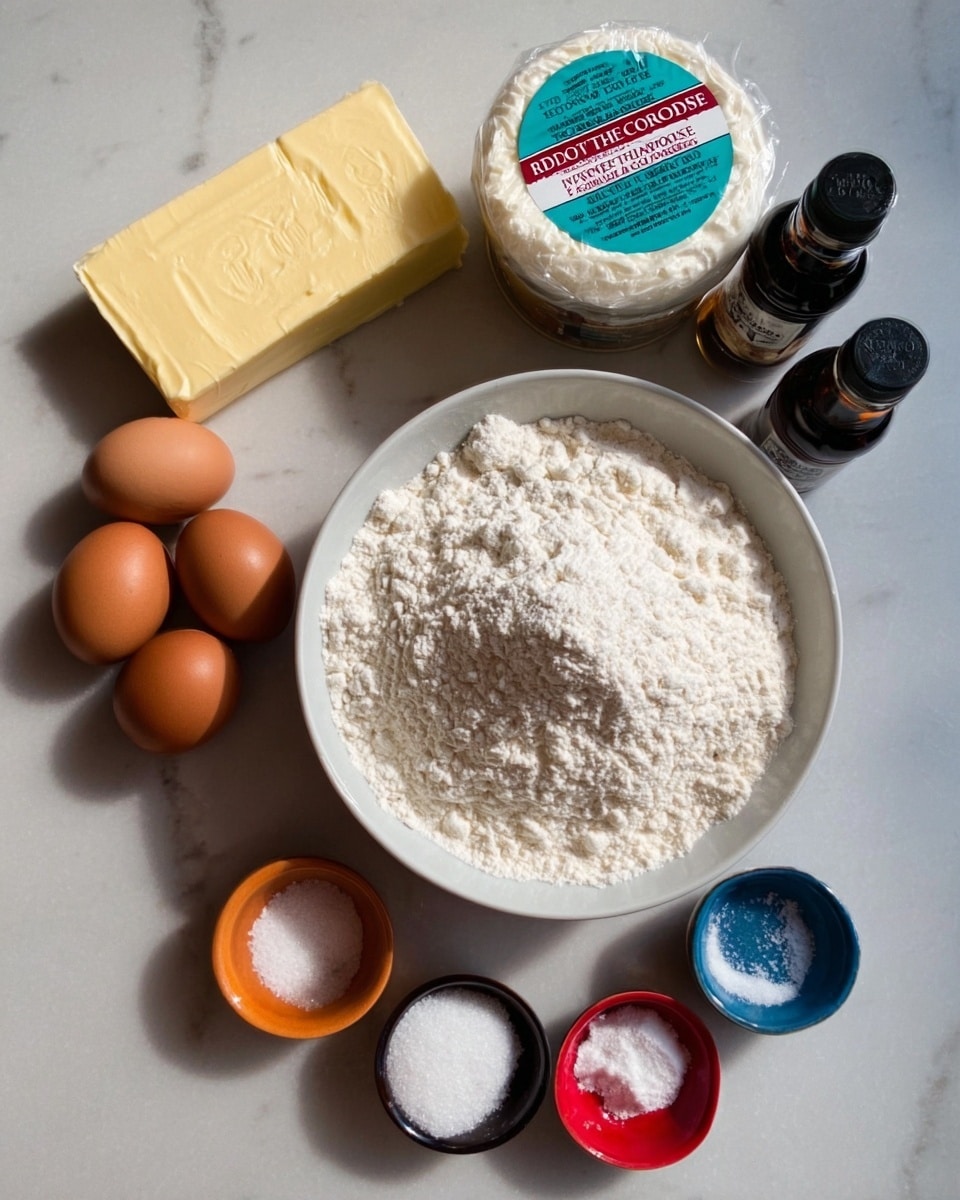A white bowl filled with a mound of flour sits on a white marbled surface, surrounded by separate ingredients arranged neatly. To the left of the bowl, there is a rectangular block of yellow butter, three brown eggs, and a round white container of ricotta cheese with a teal label. In front of these, a small orange bowl holds granulated sugar, while a tiny blue dish contains baking powder and a tiny red dish holds salt. Two dark bottles of vanilla extract and almond extract are positioned near the bowls, adding contrast. The light is natural, highlighting the textures of each ingredient clearly. photo taken with an iphone --ar 4:5 --v 7