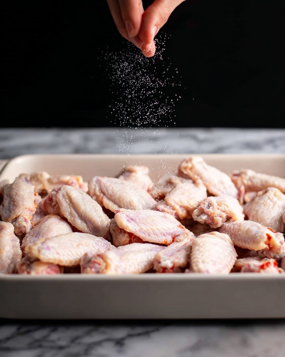 A white baking tray filled with one layer of raw chicken wings, pale pink with white skin and some red spots, is placed on a white marbled surface. A woman's hand is seen from above, sprinkling coarse salt evenly over the chicken, with the salt granules mid-air. The background is dark but the focus stays on the tray and the seasoning action. photo taken with an iphone --ar 4:5 --v 7