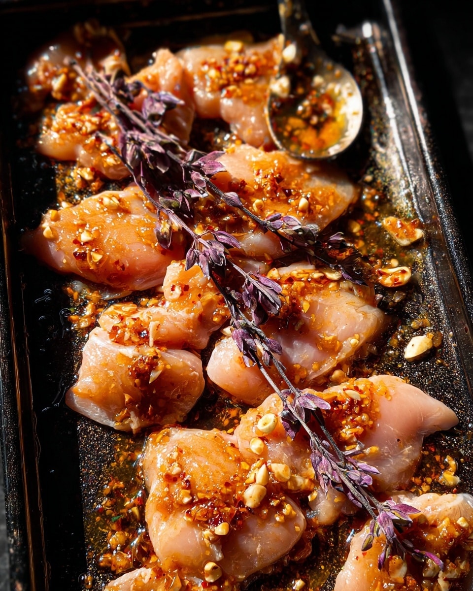 Raw pieces of light pink chicken are spread across a black baking tray. The chicken is coated with a reddish-orange marinade that has small bits of garlic and spices. On top of the chicken, there are small dark purple herb sprigs placed in a line. The marinade creates shiny wet spots on the chicken and the tray. On the right side, a spoon with some marinade rests partly on the chicken. The whole scene is lit with bright light that highlights the textures and colors clearly. photo taken with an iphone --ar 4:5 --v 7
