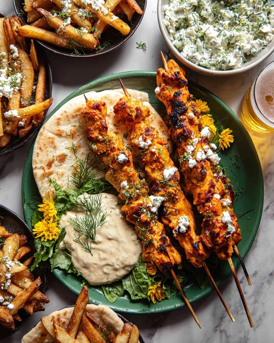 The image shows a green plate with three skewers of grilled orange-brown chicken placed side by side, each skewer topped with small dollops of white sauce. The plate also holds a creamy beige dipping sauce garnished with fresh dill, bright yellow edible flowers, and some leafy greens. There is a folded piece of flatbread on the plate under the skewers. Around the main plate, there are smaller white bowls with golden-brown fries sprinkled with white cheese and herbs, a glass of light beer with foam on top, and a white dish filled with a chunky white sauce mixed with green herbs. All dishes are set on a white marbled surface. Photo taken with an iphone --ar 4:5 --v 7