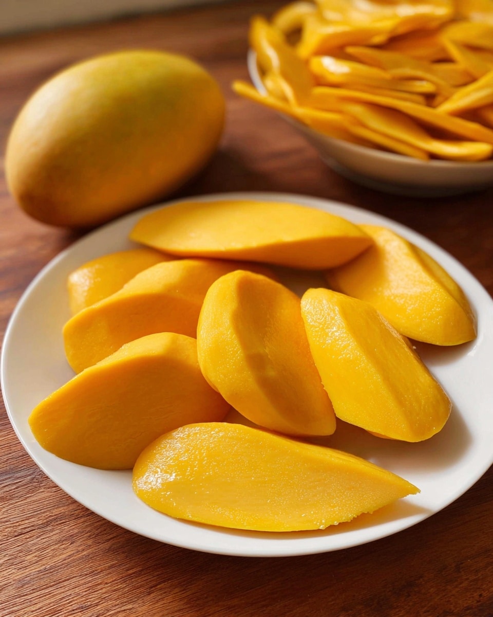 A white plate holds eleven peeled mango slices arranged in a loose cluster, each slice showing smooth, shiny, bright yellow-orange flesh with soft, rounded edges. Behind the plate, there is one whole mango with yellow skin, lying next to a pile of mango peels shaped like a bowl. The setting includes a wooden surface that contrasts with the vibrant fruit, creating a warm, fresh feeling. Photo taken with an iphone --ar 4:5 --v 7