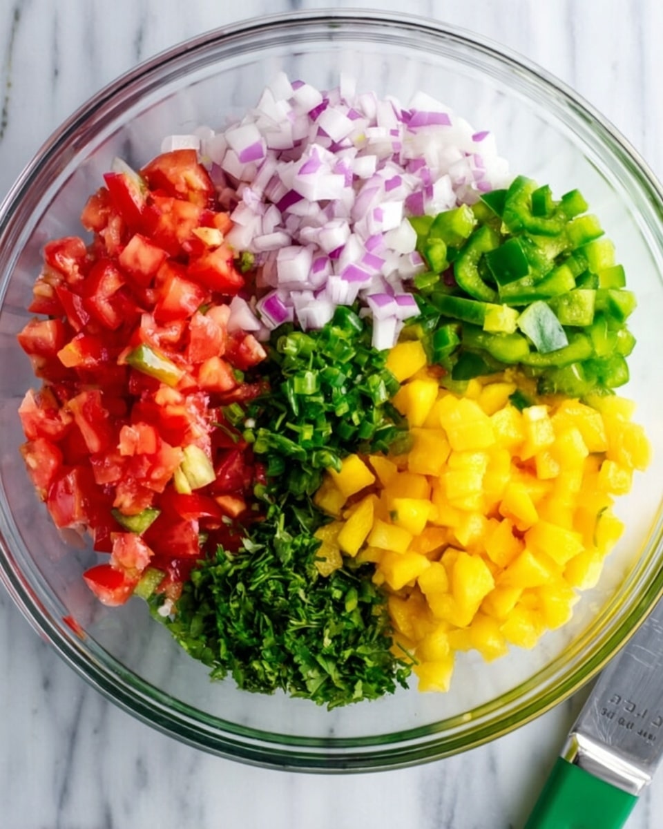 A clear glass bowl filled with five separate piles of chopped ingredients arranged side by side like colorful wedges: red diced tomatoes on the top left, finely chopped white and purple onions on the top right, bright green chopped peppers on the bottom left, yellow diced mango or bell pepper pieces on the bottom right, and a pile of chopped green herbs near the center-right. The bowl sits on a white marbled surface with a green and silver kitchen tool near the bottom right edge. Photo taken with an iphone --ar 4:5 --v 7