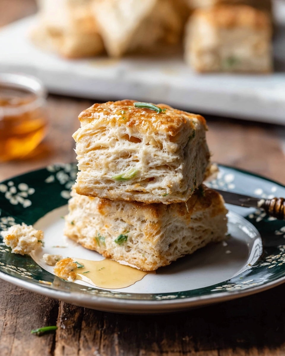 Two square biscuits stacked on top of each other on a white plate with a dark green floral pattern. The biscuits have a golden-brown top and a light beige, flaky texture with visible layers and small green herbs inside. Around the plate, there are some crumbs and a knife with honey dripping on the wooden table. More biscuits are blurred in the background on the wooden surface with a white marbled texture underneath. Photo taken with an iphone --ar 4:5 --v 7