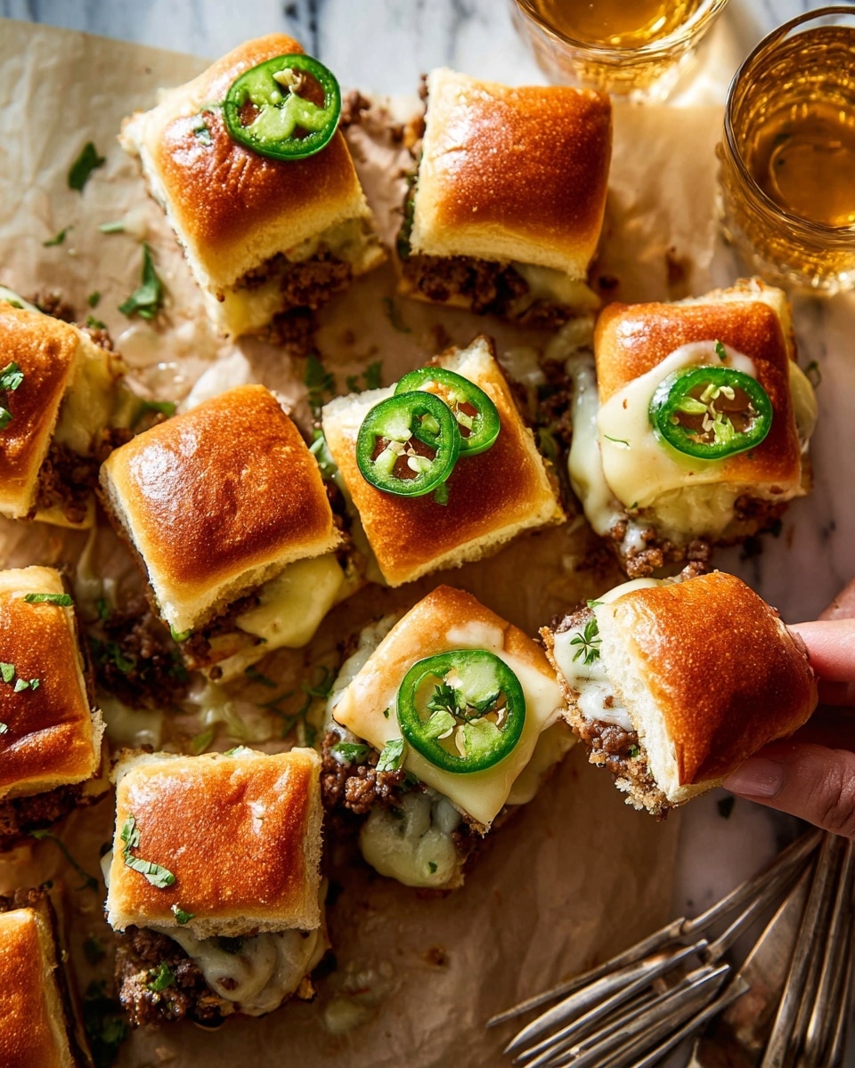 A close-up image of nine small square sandwiches with shiny golden brown tops, each topped with thin slices of green jalapeños and chopped herbs. The sandwiches have soft white bread with visible layers of browned ground meat, melted white cheese, and a light tan sauce oozing from the sides. One sandwich is held slightly up by a woman's hand, showing the inside details of the filling. The sandwiches rest on a piece of parchment paper on a white marbled surface, next to a glass of golden-colored drink and a fork in the lower right corner. Photo taken with an iphone --ar 4:5 --v 7