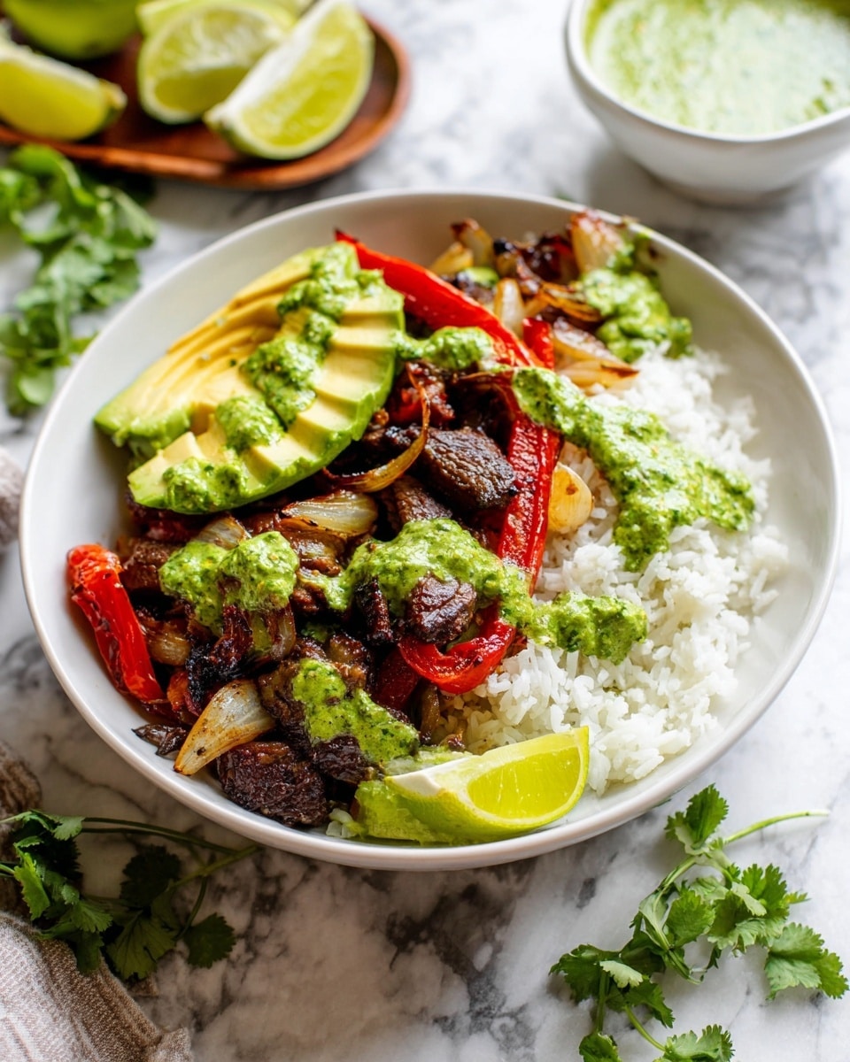 The dish is served in a white bowl on a white marbled surface, featuring several layers. The bottom layer is shredded green lettuce, topped with a layer of white rice covering half of the bowl. On top of the rice and lettuce, there are grilled pieces of dark brown meat mixed with red roasted bell peppers and translucent cooked onions. There are two slices of avocado on one side, lightly drizzled with bright green sauce, which is also spooned over the meat and vegetables in dollops. Around the edge of the bowl, lime wedges add bright yellow-green color. A small bunch of fresh cilantro leaves tops the dish scattered around. In the blurred background, a white bowl of thick green sauce and a wooden plate with lime quarters are visible. Photo taken with an iphone --ar 4:5 --v 7