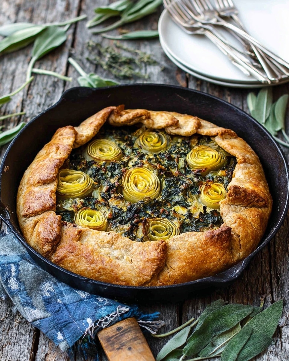 A round galette with a thick, golden brown, flaky crust folded over the edges in a rustic way sits in a black cast iron pan. Inside, the filling has a mix of dark green leafy vegetables with bits of light cream color, and eight pieces of yellow-green rolled leek slices are evenly placed on top, showing a slight char on the edges. The pan rests on a weathered wooden surface with green sage leaves around, a folded blue and white cloth under the handle, and a white plate with silver forks in the background. Photo taken with an iphone --ar 4:5 --v 7