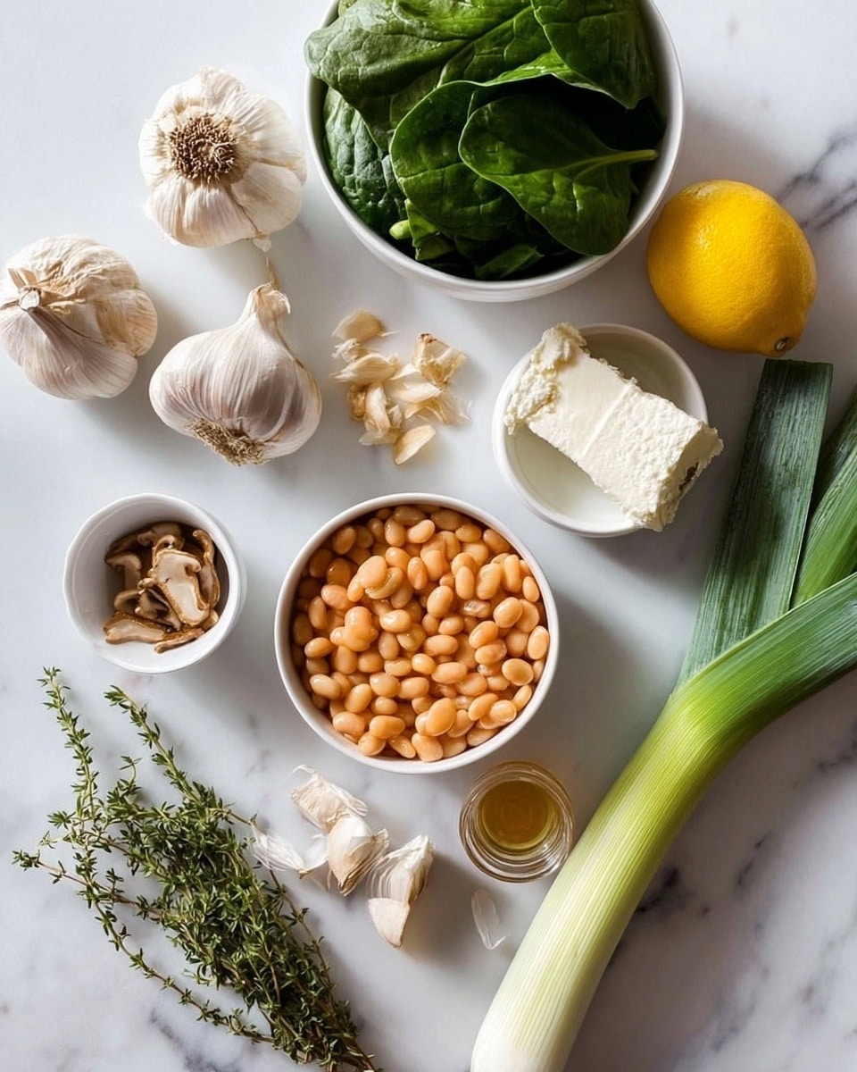 The image shows a white marbled surface with several ingredients arranged neatly. At the center, there is a white bowl filled with light orange beans. Next to it on the right is a long white and green leek, placed diagonally, with a small white bowl of soft white cheese near its bottom end and a small glass of light brown liquid above it. A bright yellow lemon sits upright near the top right corner. Towards the top middle, a white bowl is filled with fresh dark green spinach leaves. To the left, there are fresh garlic bulbs and sprigs of green thyme and cilantro, while a white bowl at the top left corner holds light brown dried mushroom pieces. The whole setup is clean and organized on the white marbled surface. Photo taken with an iphone --ar 4:5 --v 7