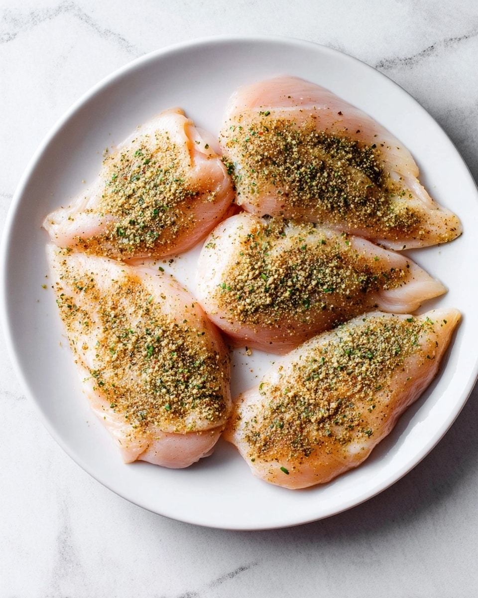 A white plate holds four raw chicken pieces, each topped with a spread of light brown and green seasoning that looks finely ground and slightly textured. The chicken pieces are pale pink with a smooth, moist surface, arranged loosely in a roughly circular pattern on the plate. The plate is placed on a white marbled surface, which adds soft gray veins to the background. The overall look is clean and fresh, with a simple focus on the seasoned chicken. photo taken with an iphone --ar 4:5 --v 7