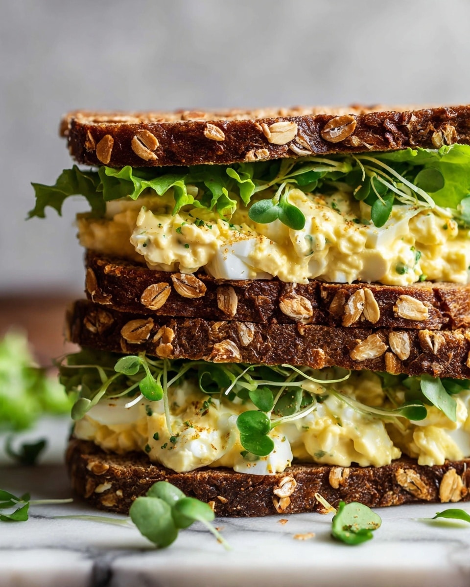 A close-up view of a sandwich with three thick layers of dark brown oat bread covered in large oat flakes. The bottom layer has a base of creamy yellow egg salad topped with fresh green lettuce leaves with ruffled edges. The middle layer holds more egg salad with soft white egg pieces mixed in, topped with small bright green leafy sprouts. The top layer is a slice of oat bread with visible texture and oat flakes. The sandwich is set on a white marbled surface with some green leaves scattered around. photo taken with an iphone --ar 4:5 --v 7