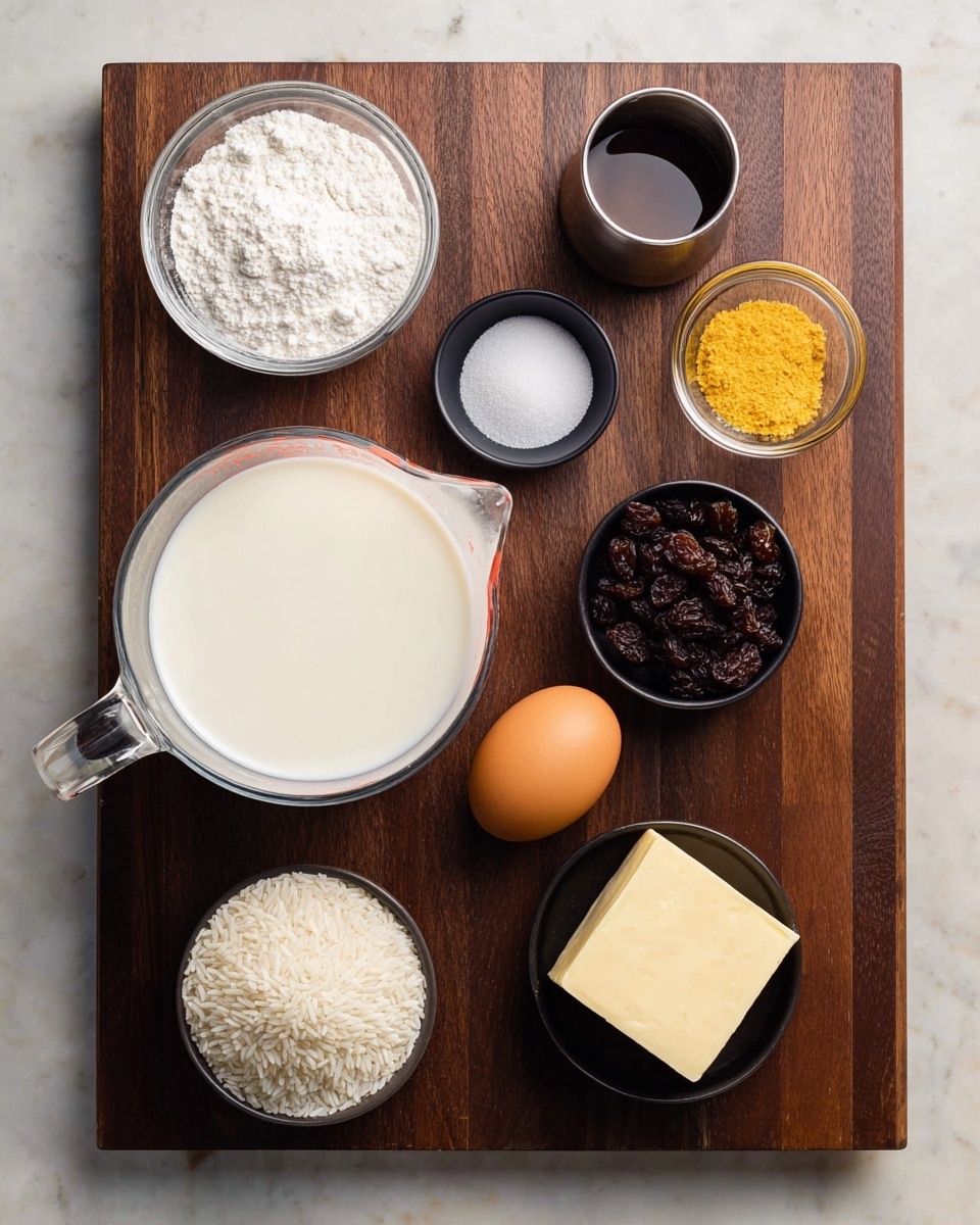 There is a dark wooden cutting board with a white marbled surface around it. On the board, seven ingredients are neatly placed: a large clear glass measuring cup filled with white milk in the bottom left, a small clear bowl of white sugar above it, a small white bowl of uncooked white rice on the bottom right, a brown egg placed near the center right, a small black bowl with a yellow powder near the top right, a small black bowl with a square of pale butter near the center left, a small clear bowl filled with dark brown raisins near the top left, and a small metal cup with a dark liquid near the top center. Photo taken with an iphone --ar 4:5 --v 7