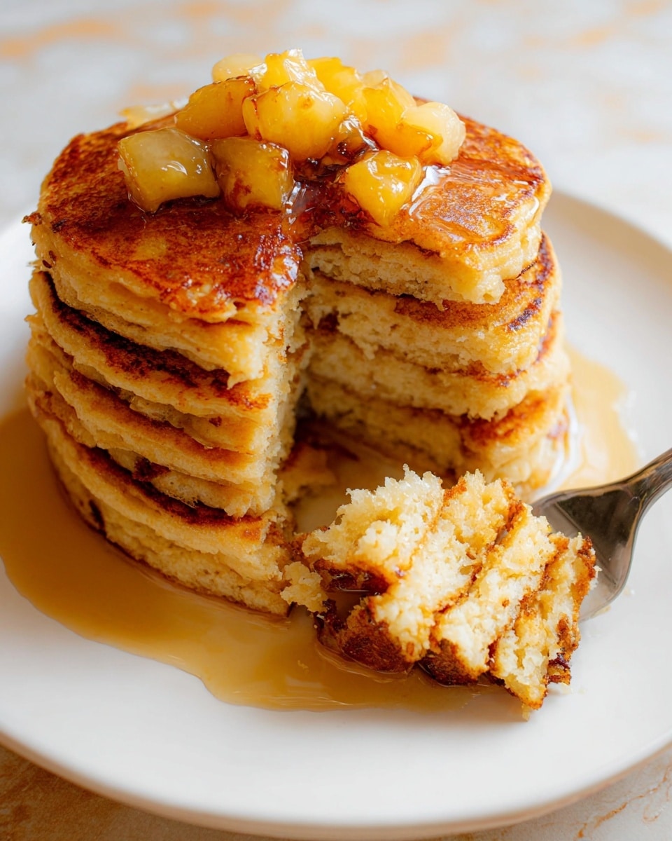A stack of five thick golden-brown pancakes sits in the center of a white plate with soft, fluffy insides visible in a wedge piece held by a silver fork at the bottom right. The top pancake is topped with small, light yellow fruit cubes. Light syrup is drizzled around the pancake stack, pooling slightly on the plate. The background is a white marbled texture. Photo taken with an iphone --ar 4:5 --v 7