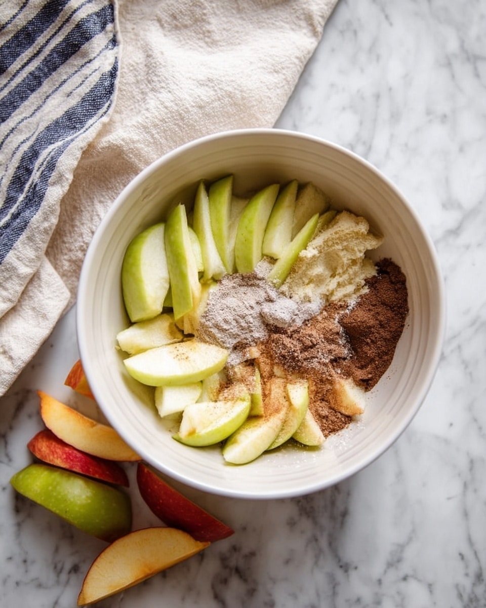 The image shows a white bowl on a white marbled surface, filled with several layers of sliced green apples. On top of the apple slices, there is a sprinkle of different powders in shades of brown, off-white, and dark brown. Some apple peelings in shades of red, yellow, and green lie on the marble surface next to the bowl. A beige cloth with blue and white stripes is placed at the top left corner. Photo taken with an iphone --ar 4:5 --v 7