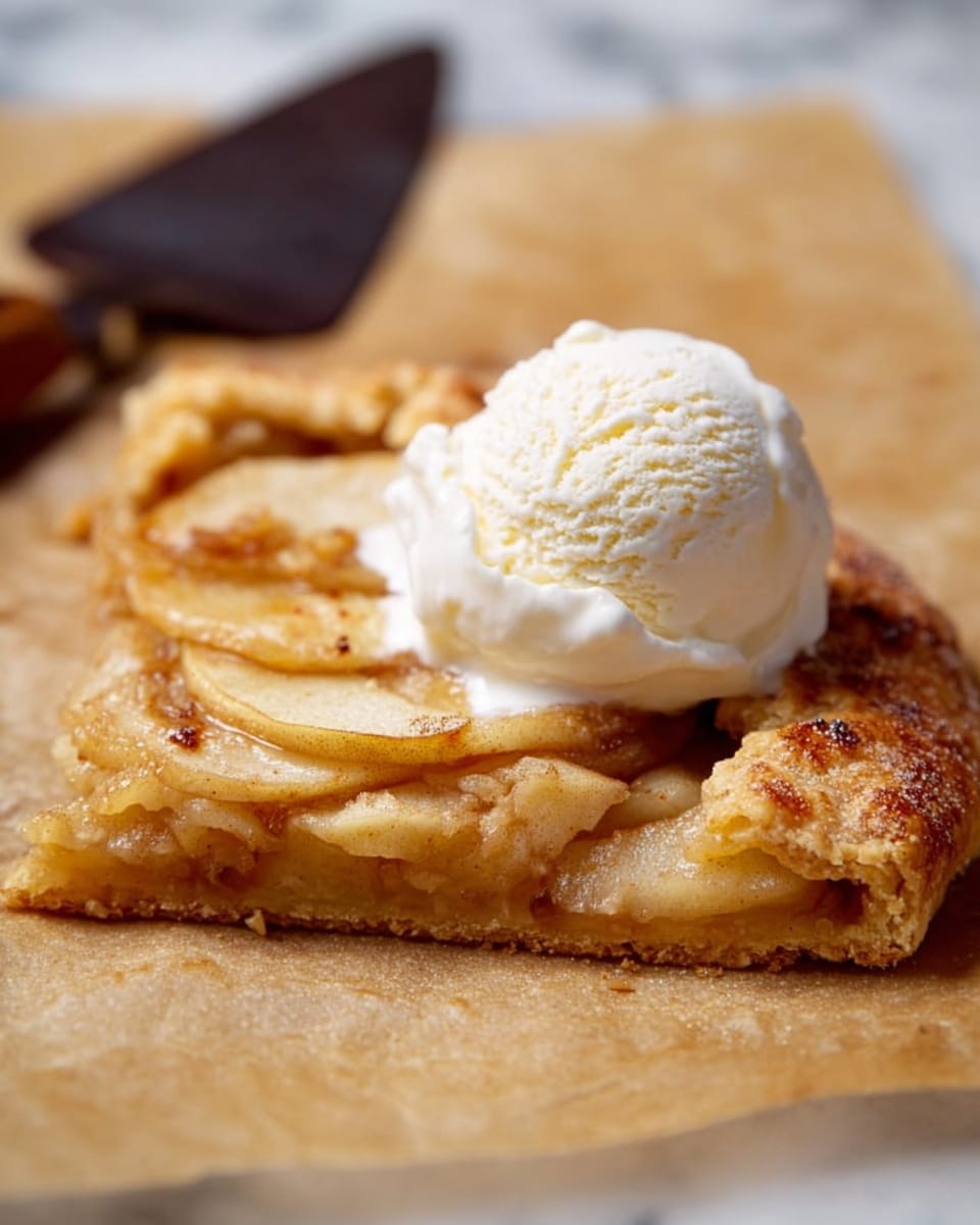 A slice of apple galette laid on brown parchment paper over a white marbled surface. The base layer is golden brown, flaky crust with a slightly crispy texture along the edges. On top of the crust is a layer of thinly sliced cooked apples with a light tan color and a touch of cinnamon sprinkled over them. The apples appear soft and tender, forming a rounded mound. The top layer is a smooth, round scoop of creamy white vanilla ice cream resting on the apples, slightly melting and glossy. In the background, part of a dark wooden handled spatula leans on the white marbled surface. Photo taken with an iphone --ar 4:5 --v 7