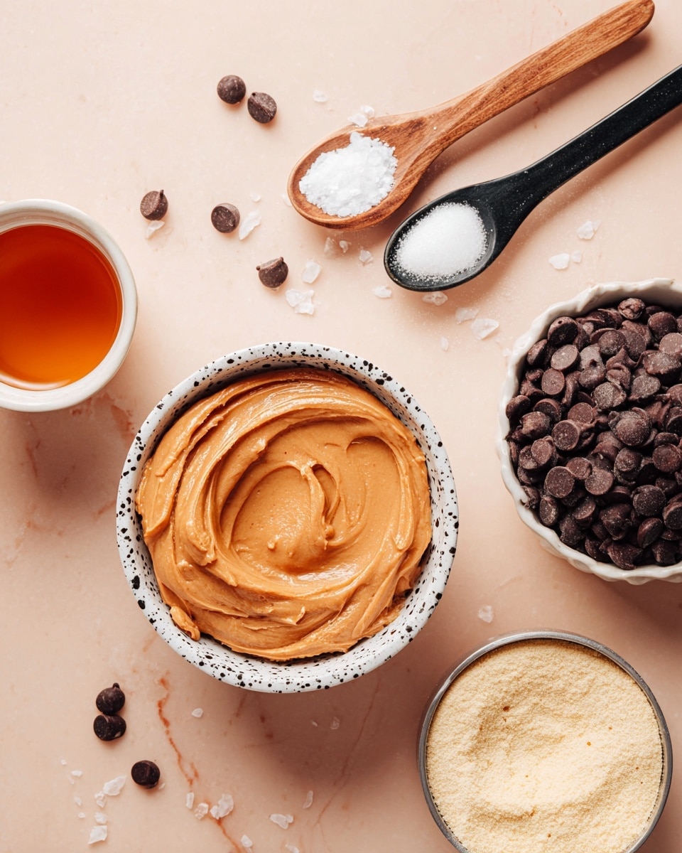 A top-down view of a creamy, smooth peanut butter spread in a white bowl with black speckles, placed at the bottom center. To the right, there is a white bowl filled with dark brown chocolate chips, and below it, a measuring cup filled to the top with fine, pale yellow powder. Above these, two spoons rest on a soft peach background with salt flakes scattered around: one black spoon holds flaky white salt, and one wooden spoon holds a dollop of white solid fat. A small white ceramic cup filled with amber liquid is seen on the left side. The setting is on a white marbled texture. photo taken with an iphone --ar 4:5 --v 7